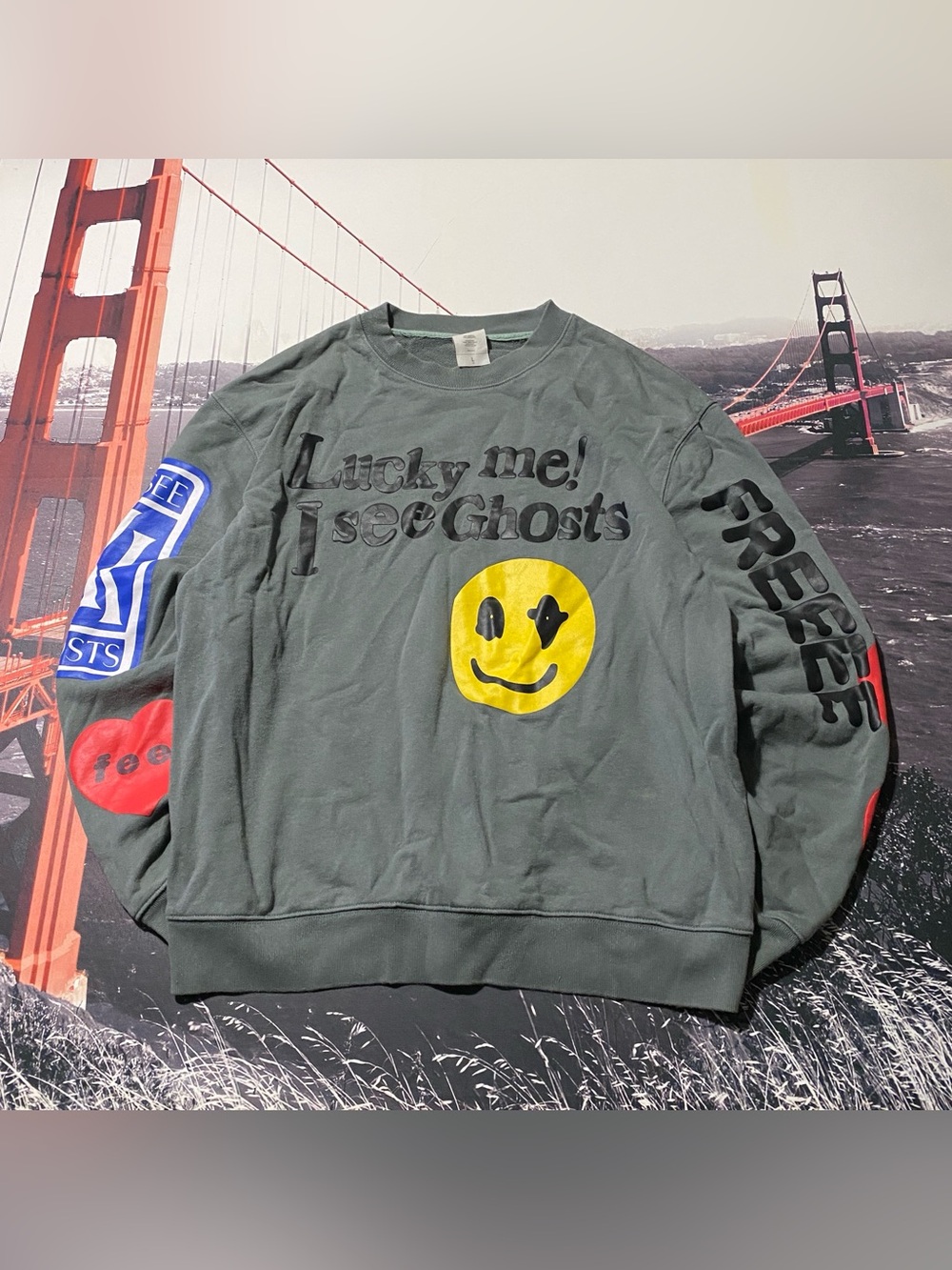 See Ghosts Gray Graphic Crewneck Sweatshirt with Yellow Smiley